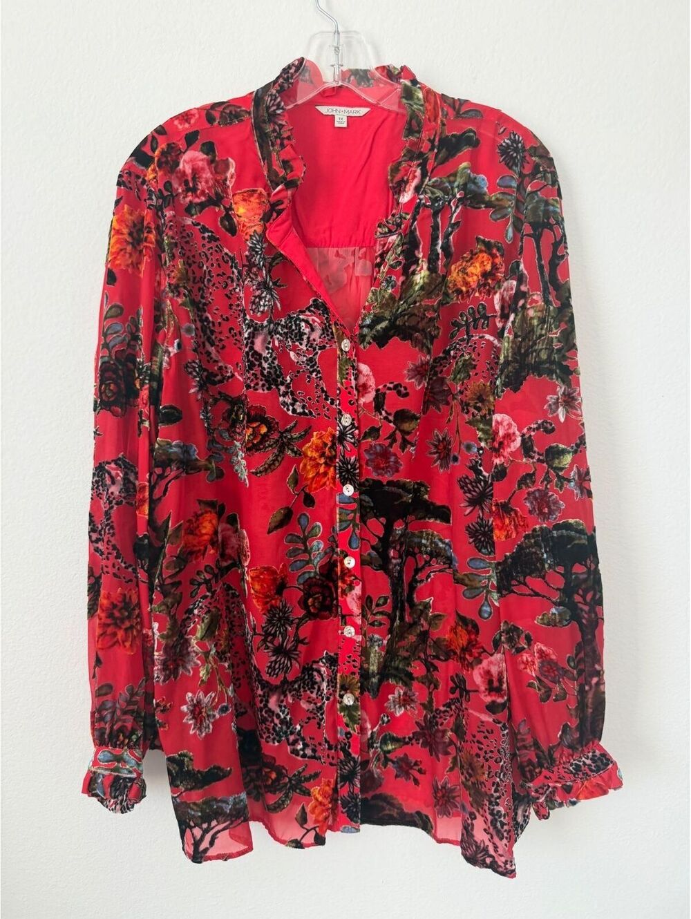 John Mark NWT Long Sleeve Button Up Semi-Sheer Velour Floral Boho Shirt Size 1X